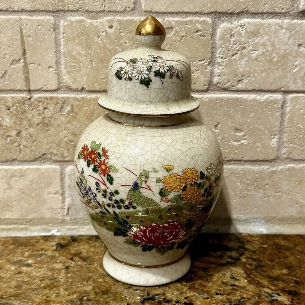 VTG Ginger Jar 6.5 Inch Peacock Flowers OMC Japanese Porcelain Crackle Finish